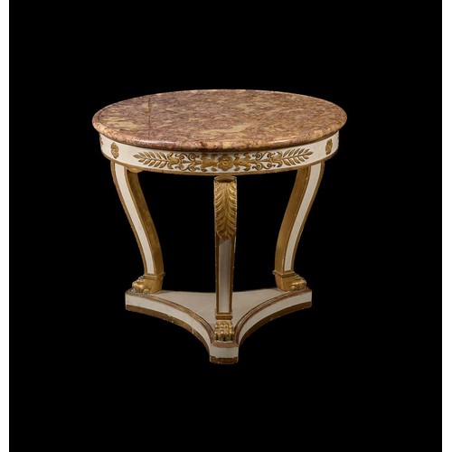 641 - A French painted and parcel gilt centre table, early 19th century and later, 83cm diameter, 74cm hig... 