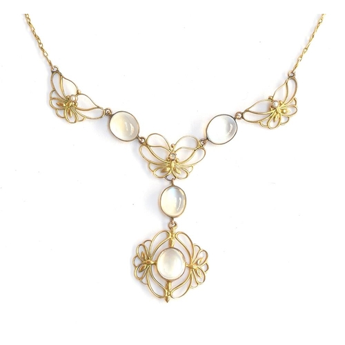 16 - An Art Nouveau 15ct gold, moonstone and seed pearl necklace, approx. 8.1g, 40cm long