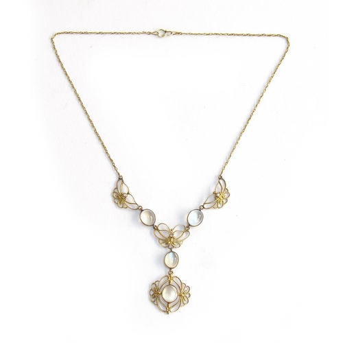 16 - An Art Nouveau 15ct gold, moonstone and seed pearl necklace, approx. 8.1g, 40cm long