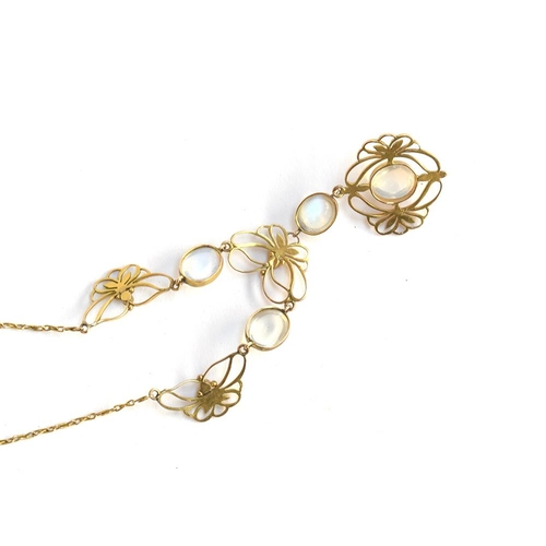 16 - An Art Nouveau 15ct gold, moonstone and seed pearl necklace, approx. 8.1g, 40cm long