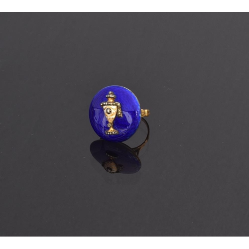 40 - A Georgian gold, diamond and enamel urn mourning ring, tests as 10ct, the white enamel and gold urn ... 
