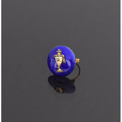 40 - A Georgian gold, diamond and enamel urn mourning ring, tests as 10ct, the white enamel and gold urn ... 