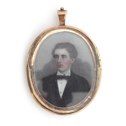 32 - A 19th century gold locket containing a portrait miniature on ivory of a young man, signed 'K. Walke... 