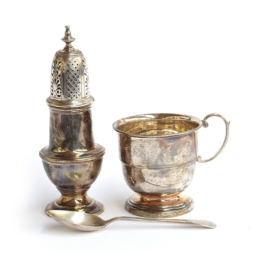 98 - A silver sugar caster by Goldsmiths & Silversmiths Co Ltd, London 1927, 14.5cm high; a small silver ... 