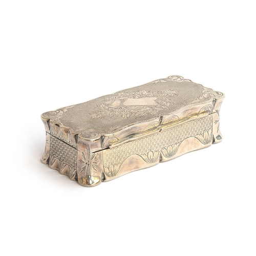 121 - An engraved and engine turned silver snuff box, shaped rectangular form, the hinged lid engraved wit... 