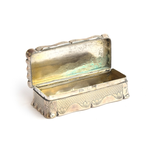 121 - An engraved and engine turned silver snuff box, shaped rectangular form, the hinged lid engraved wit... 