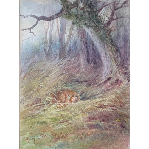 330 - Henry John Sylvester Stannard, RBA (1870-1951), a pair of watercolours depicting foxes within woods,... 