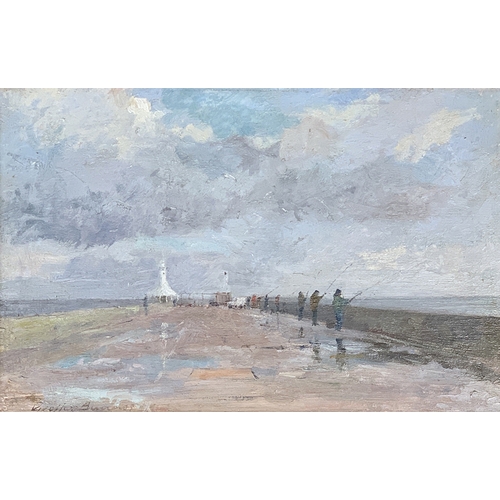 382 - Geoffrey Burrows (British, b.1934), 'Fisherman Lowestoft Pier', oil on board, signed, 19x29cm