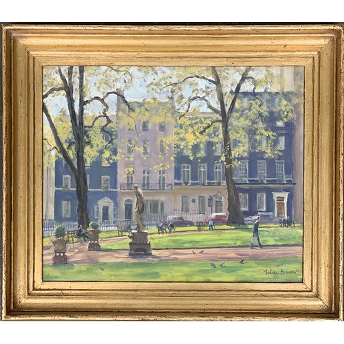 393 - Julian Barrow (1939-2013), Berkely Square, South West Corner, oil on canvas, 24x29.5cm, bears label ... 