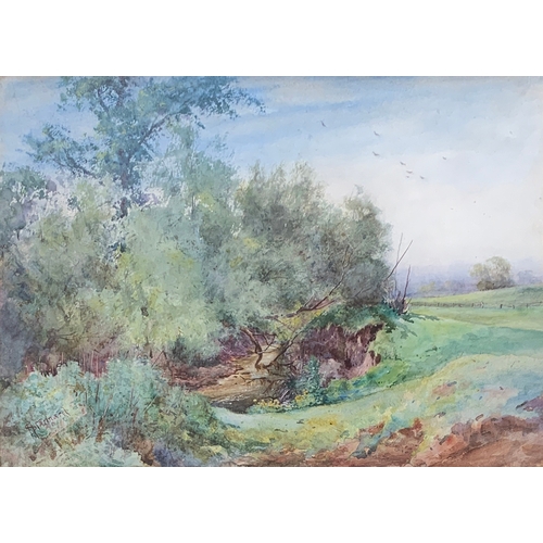 331 - Henry John Sylvester Stannard, RBA (1870-1951), a watercolour of a small river within a pastoral lan... 