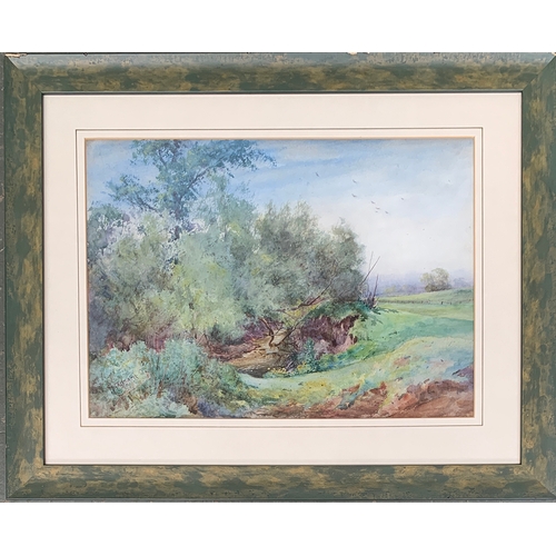 331 - Henry John Sylvester Stannard, RBA (1870-1951), a watercolour of a small river within a pastoral lan... 