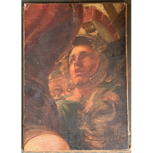 374 - 19th century oil on board, portrait on a man in Roman helmet within a crowd, 44.5x31cm