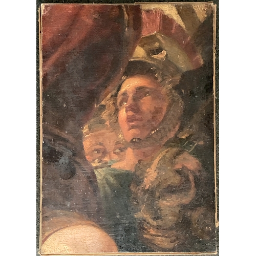 374 - 19th century oil on board, portrait on a man in Roman helmet within a crowd, 44.5x31cm