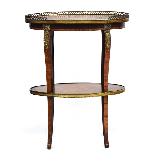 657 - A late 18th century French kingwood, marquetry and ormolu mounted two tier oval etagere, with brass ... 