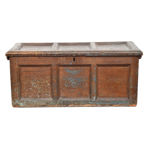 554 - A very large Scandinavian pine coffer, blue painted, overpainted in scumble, circa 1890, 153cm wide,... 