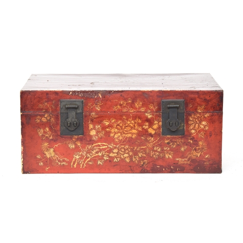 719 - A Chinese lacquered and parcel gilt trunk, with iron carry handles and fittings, 79cm wide, 52cm dee... 