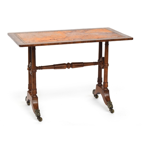 631 - A Regency rosewood centre table, with gilt tooled leather skiver, on four turned tapering supports w... 