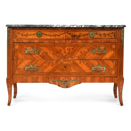 585 - A 19th century French kingwood and marquetry commode, marble topped, having two short and two long d... 