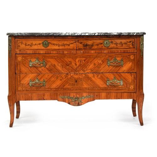 585 - A 19th century French kingwood and marquetry commode, marble topped, having two short and two long d... 