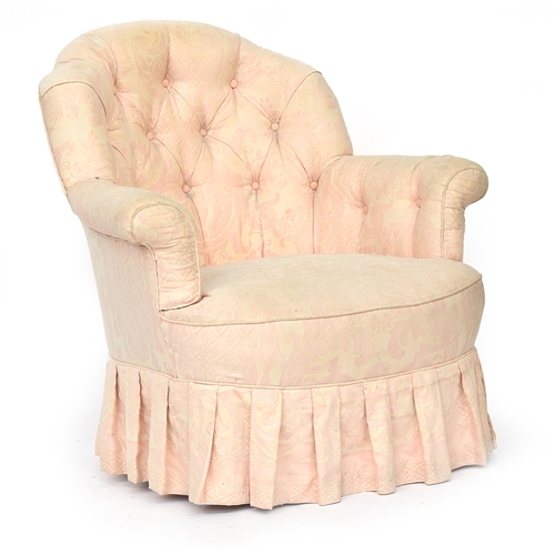 701 - A Victorian button back bedroom chair, upholstered in pink silk, on turned tapering ebonised legs wi... 