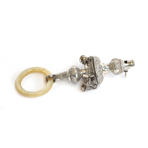 135 - A Victorian silver child's rattle by George Unite, Birmingham 1899, with mother of pearl teething ri... 