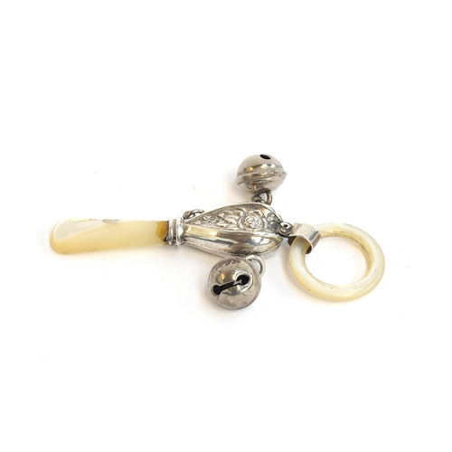 135 - A Victorian silver child's rattle by George Unite, Birmingham 1899, with mother of pearl teething ri... 