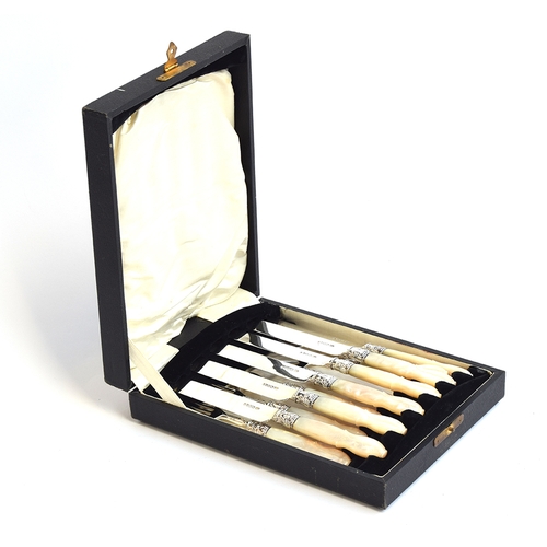 92 - A case set of Victorian silver and mother of pearl fruit knives and forks for six place settings, by... 