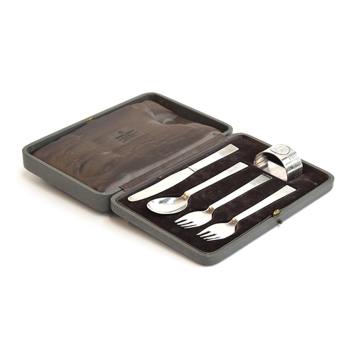 89 - A Georg Jensen 'Parallel' pattern cased christening set, comprising knife, spoon, two forks and a na... 