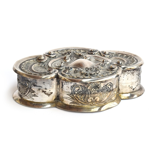 109 - A Portuguese 833 silver jewellery box, lobed form chased in rococo taste, with a padded silk lined i... 