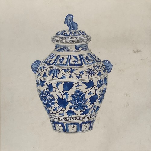 465 - A set of nine decorative pen and colourwash studies of blue and white Chinese vases, each 28cm squar... 