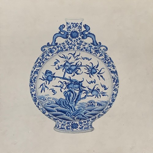 465 - A set of nine decorative pen and colourwash studies of blue and white Chinese vases, each 28cm squar... 