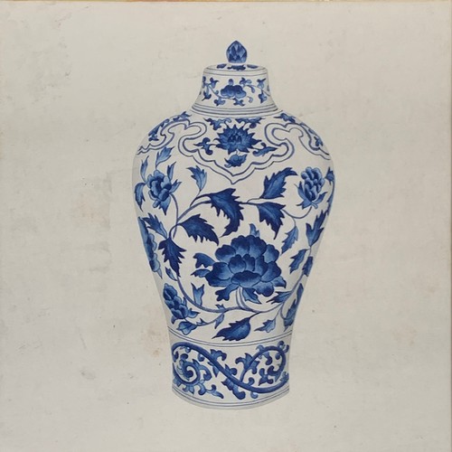 465 - A set of nine decorative pen and colourwash studies of blue and white Chinese vases, each 28cm squar... 