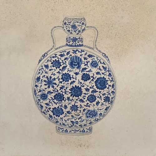 465 - A set of nine decorative pen and colourwash studies of blue and white Chinese vases, each 28cm squar... 