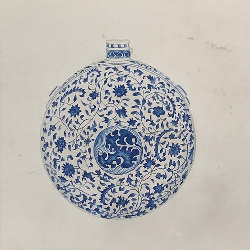 465 - A set of nine decorative pen and colourwash studies of blue and white Chinese vases, each 28cm squar... 