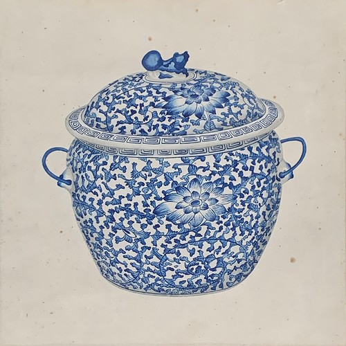 465 - A set of nine decorative pen and colourwash studies of blue and white Chinese vases, each 28cm squar... 