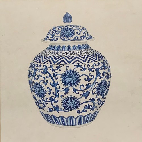 465 - A set of nine decorative pen and colourwash studies of blue and white Chinese vases, each 28cm squar... 