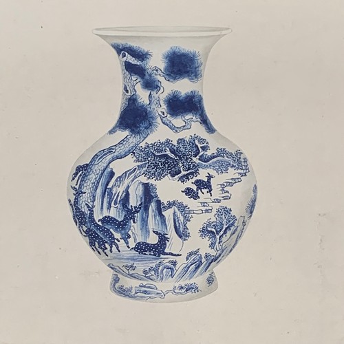 465 - A set of nine decorative pen and colourwash studies of blue and white Chinese vases, each 28cm squar... 