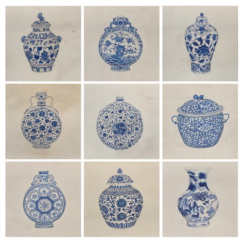 465 - A set of nine decorative pen and colourwash studies of blue and white Chinese vases, each 28cm squar... 