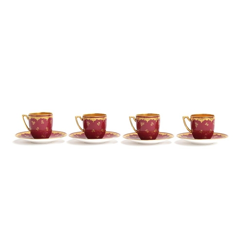 226 - A set of four Coalport teacups and saucers, red and gilt design, retailed by Gilman Collamore & Co. ... 