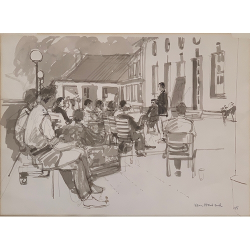 451 - Ken Howard RA (b.1932), 'The Lecture', pen and ink, signed and dated '85 lower right, 26x35.5cm