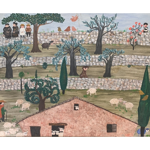 405 - 20th century naive, sheep among drystone walls, oil on board, 51x62cm

Provenance: part of the conte... 