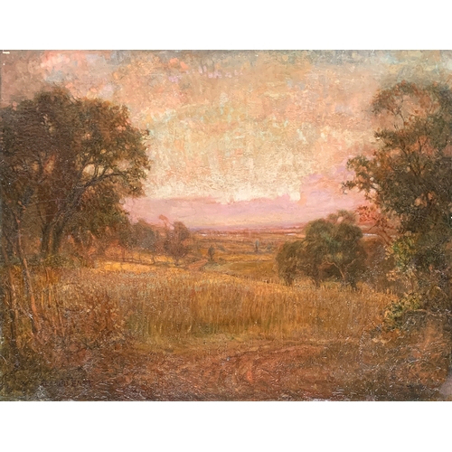 358 - Alfred East (1844- 1913), oil on canvas, harvest sunset, signed lower left, 71x91cm