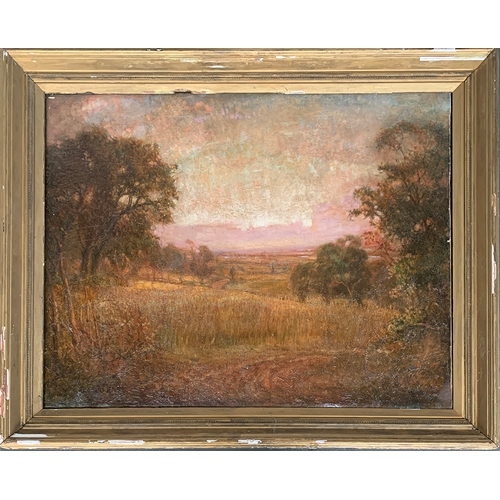 358 - Alfred East (1844- 1913), oil on canvas, harvest sunset, signed lower left, 71x91cm