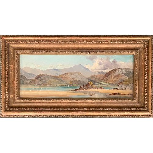 389 - Early 20th century British, coastal highland landscape, oil on canvas, 13.5x34cm