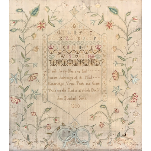 314 - A George III alphabet and verse sampler, with bow and scrolling floral design, Ann Elizabeth Smith, ... 