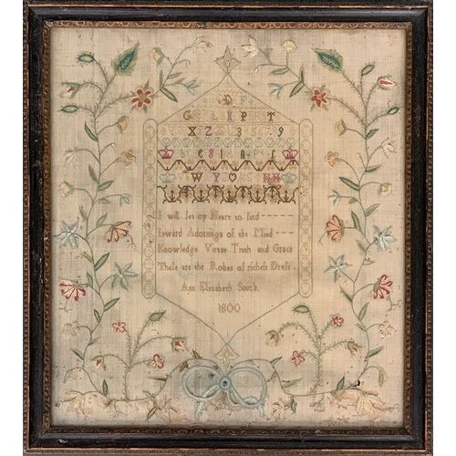 314 - A George III alphabet and verse sampler, with bow and scrolling floral design, Ann Elizabeth Smith, ... 