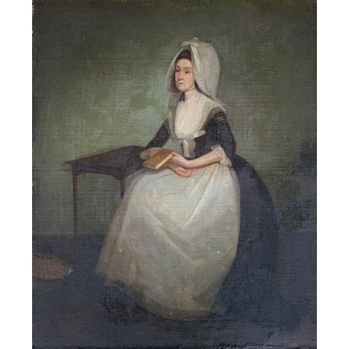 372 - A 19th century full length portrait of a solemn lady holding a book, oil on canvas, 47x58cm