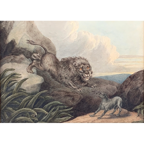 336 - English school c.1830, A lion attacking a dog, watercolour, 19x26cm

Provenance: bears label to vers... 