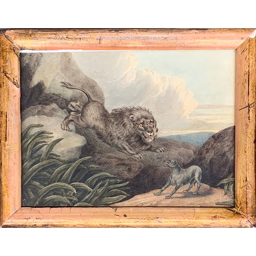 336 - English school c.1830, A lion attacking a dog, watercolour, 19x26cm

Provenance: bears label to vers... 