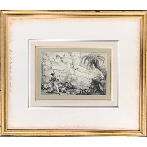 326 - Samuel Howitt (1756-1822), A sportsman with two dogs hunting antelope, pen, ink and colourwash, 9.5x... 